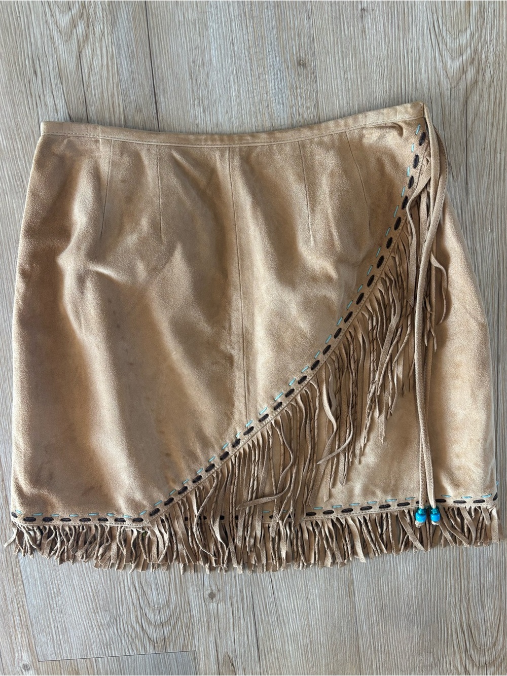 Double D Ranch Tan Suede Fringe Mini Skirt with Bead Accent